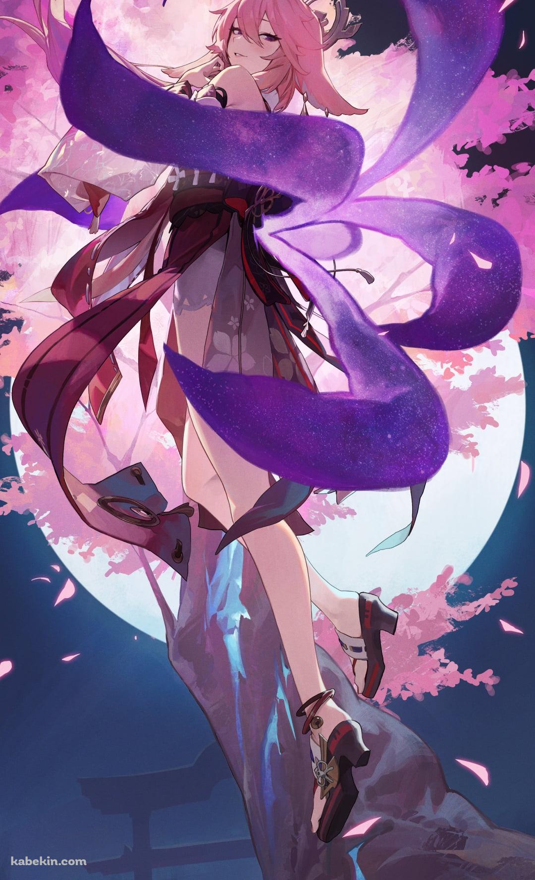 桜の木に登る八重神子 / 満月 / 原神のAndroidの壁紙(1080px x 1776px) スマホ用