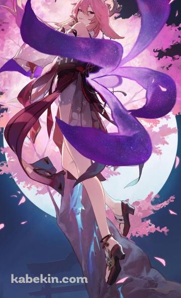 桜の木に登る八重神子 / 満月 / 原神のAndroidの壁紙(360px x 592px) スマホ用