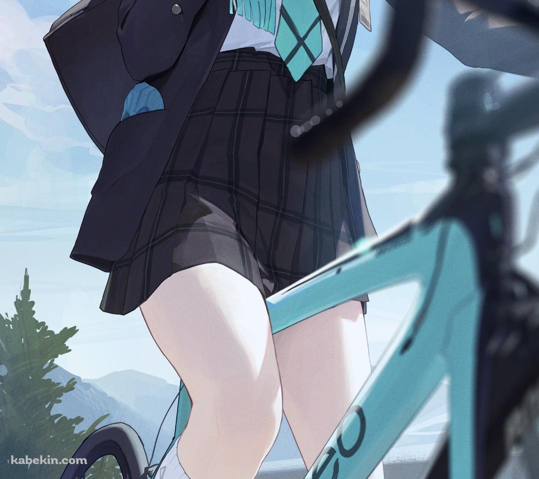 緑のマウンテンバイクに乗り微笑む砂狼シロコ (すなおおかみしろこ) / ブルアカ / ブルーアーカイブのAndroidの壁紙(1080px x 960px) スマホ用