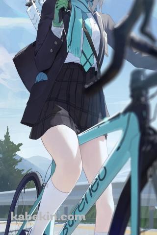 緑のマウンテンバイクに乗り微笑む砂狼シロコ (すなおおかみしろこ) / ブルアカ / ブルーアーカイブのAndroidの壁紙(320px x 480px) スマホ用