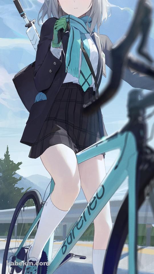 緑のマウンテンバイクに乗り微笑む砂狼シロコ (すなおおかみしろこ) / ブルアカ / ブルーアーカイブのAndroidの壁紙(540px x 960px) スマホ用