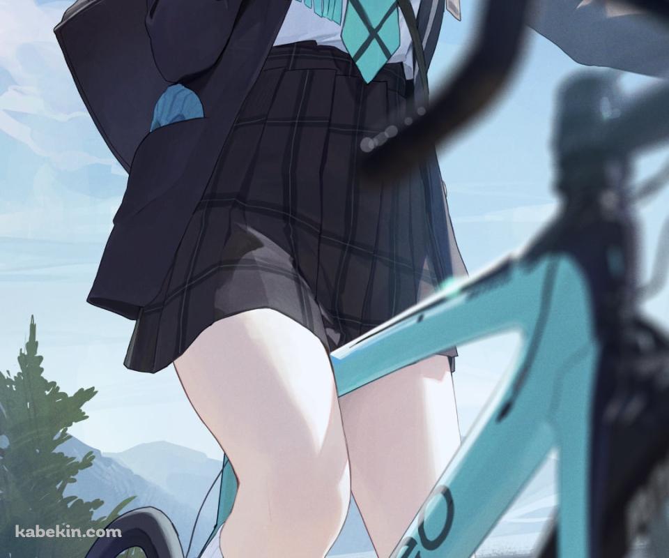 緑のマウンテンバイクに乗り微笑む砂狼シロコ (すなおおかみしろこ) / ブルアカ / ブルーアーカイブのAndroidの壁紙(960px x 800px) スマホ用