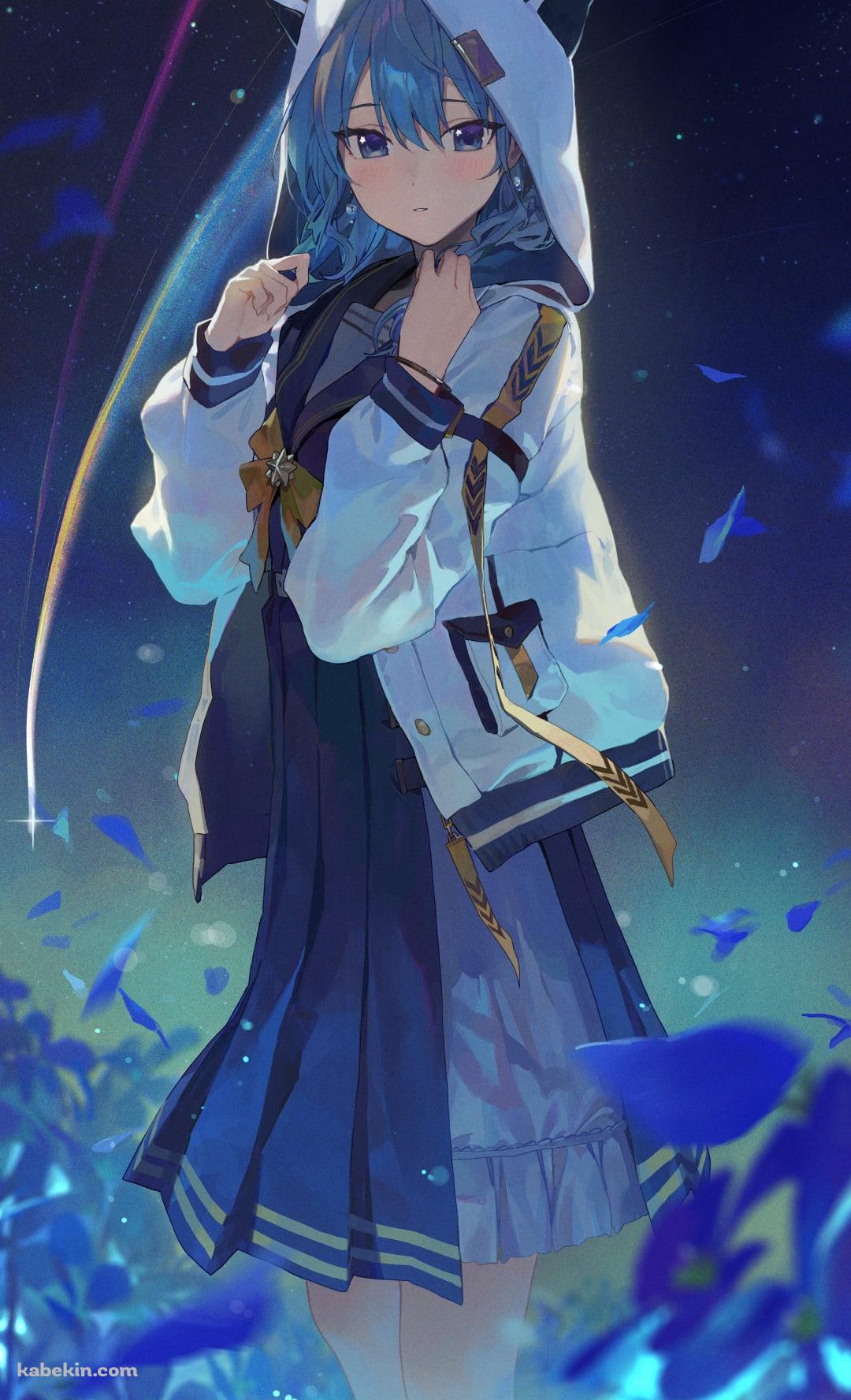 青い花とこちらを見つめる星街すいせい / 赤と黄色の彗星のAndroidの壁紙(1080px x 1776px) スマホ用