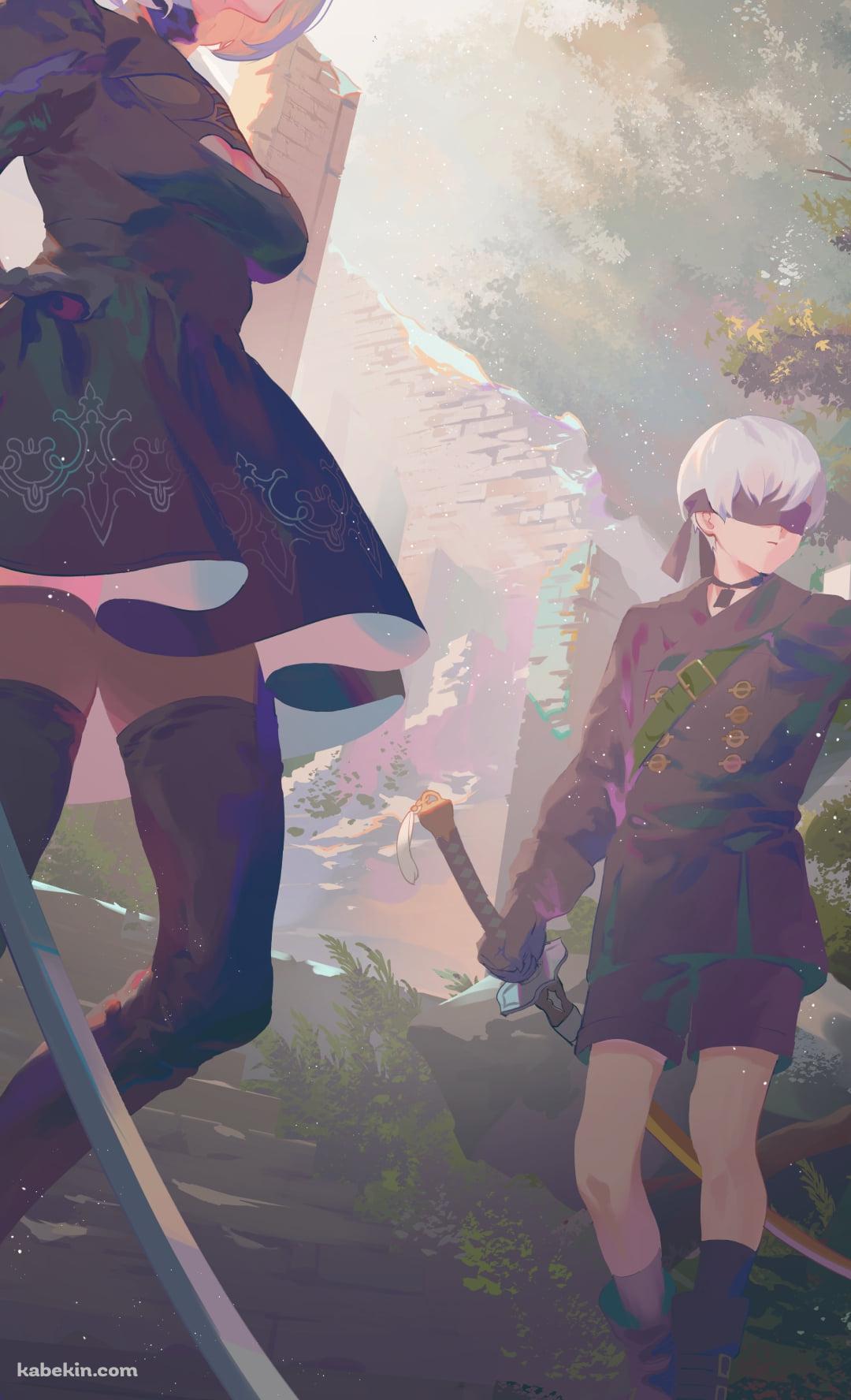 淡い色調で描かれたヨルハ二号b型とヨルハ九号s型 / ニーアオートマタのAndroidの壁紙(1080px x 1776px) スマホ用