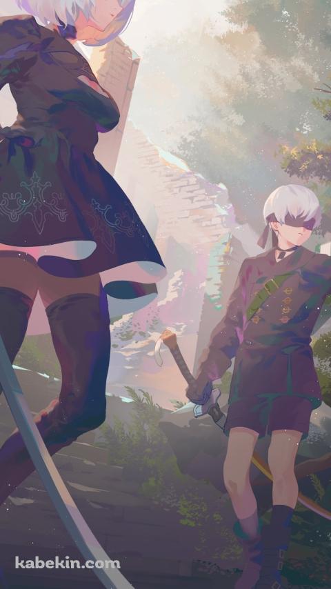 淡い色調で描かれたヨルハ二号b型とヨルハ九号s型 / ニーアオートマタのAndroidの壁紙(480px x 854px) スマホ用