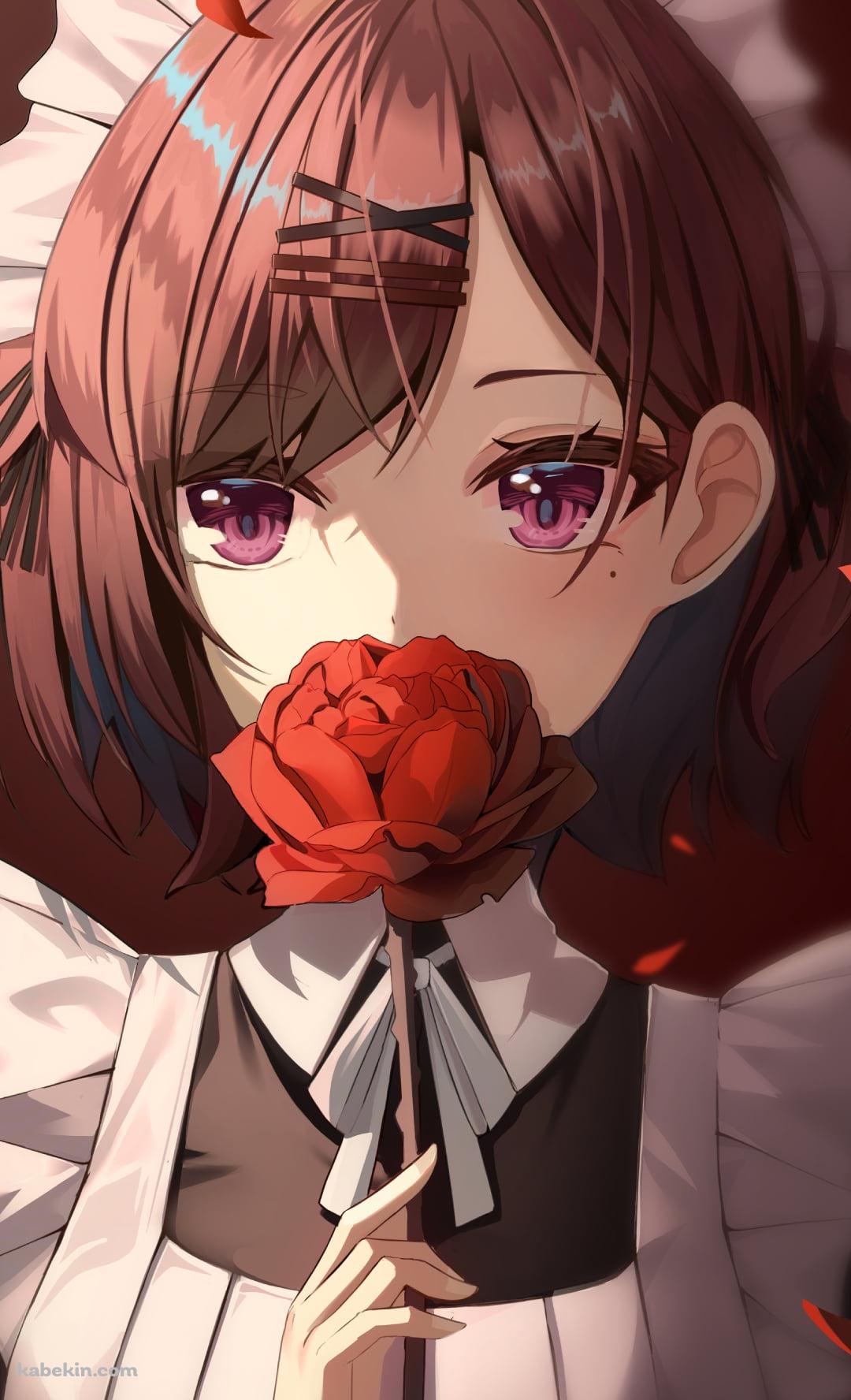 口元に赤い薔薇をあてる樋口円香(ひぐち まどか) / アイドルマスターシャイニーカラーズのAndroidの壁紙(1080px x 1776px) スマホ用