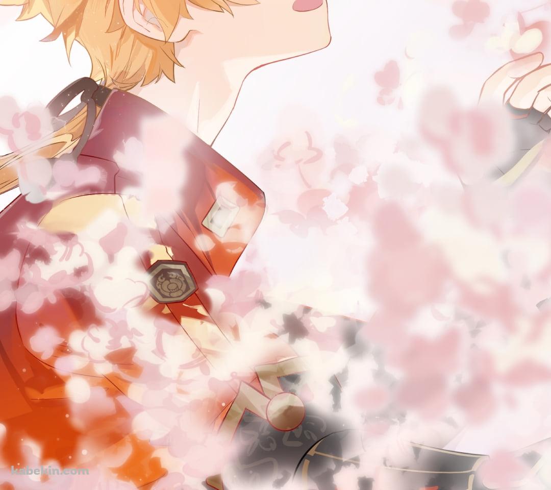 見つめ合うトーマと太郎丸 / 桜 / 原神のAndroidの壁紙(1080px x 960px) スマホ用