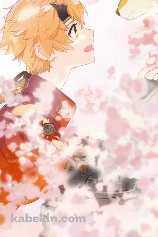 見つめ合うトーマと太郎丸 / 桜 / 原神のAndroidの壁紙(320px x 480px) スマホ用