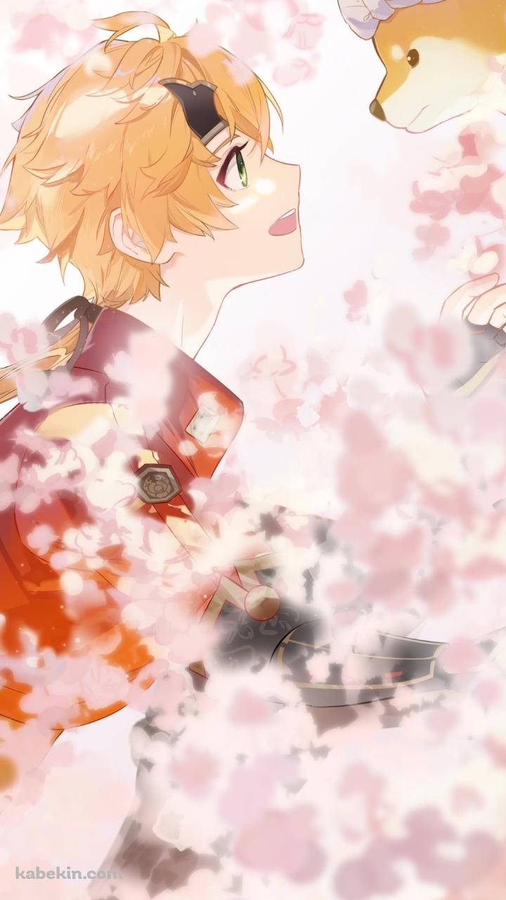見つめ合うトーマと太郎丸 / 桜 / 原神のAndroidの壁紙(720px x 1280px) スマホ用