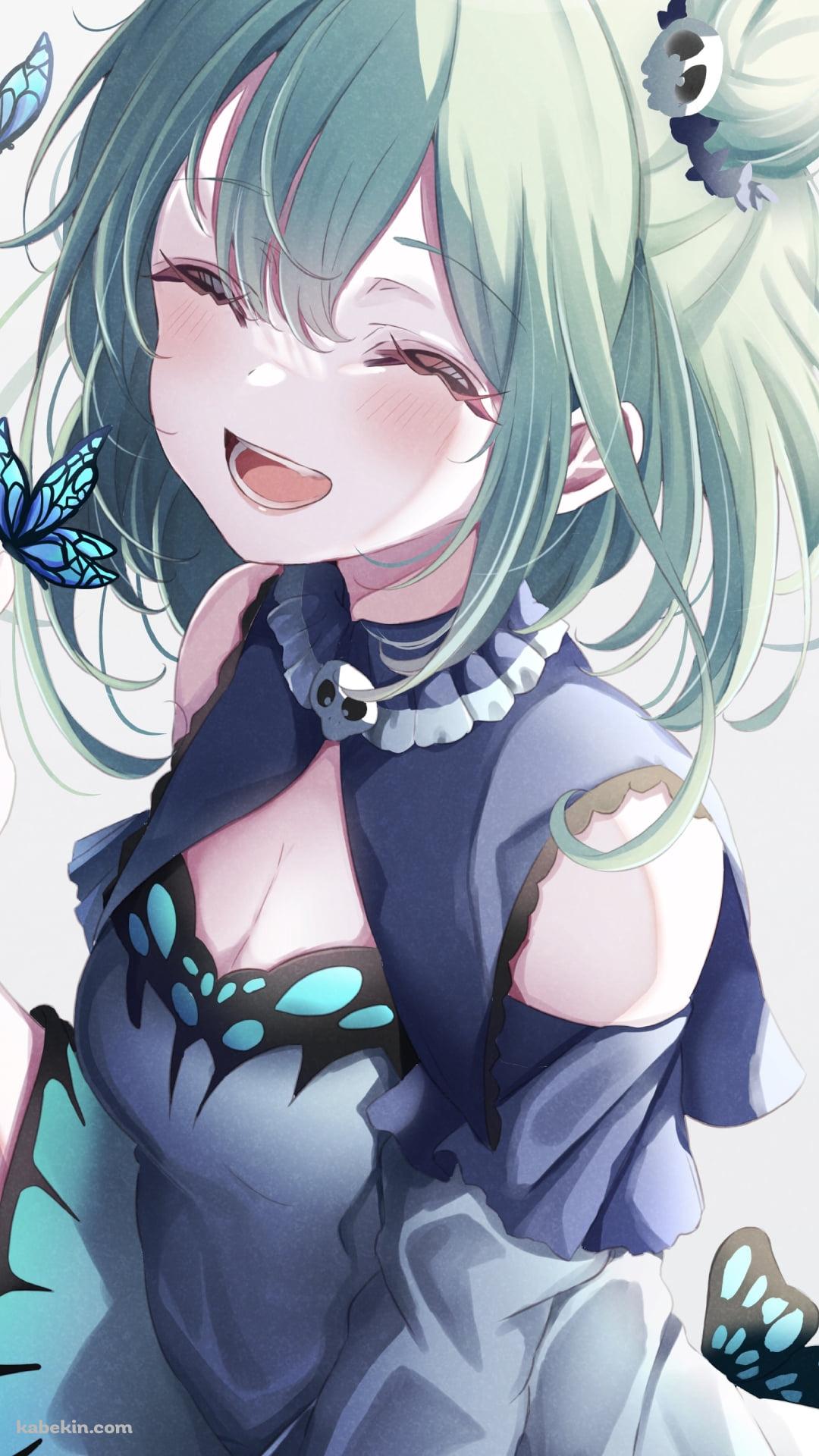 綺麗な青い蝶と笑う潤羽るしあ / ホロライブ / バーチャルYouTuber / VtuberのAndroidの壁紙(1080px x 1920px) スマホ用