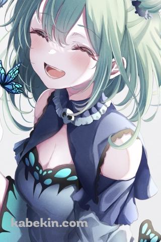 綺麗な青い蝶と笑う潤羽るしあ / ホロライブ / バーチャルYouTuber / VtuberのAndroidの壁紙(320px x 480px) スマホ用