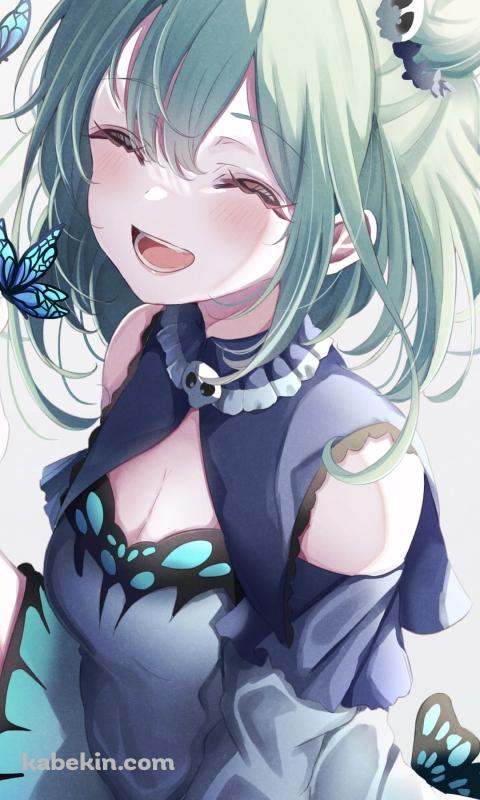 綺麗な青い蝶と笑う潤羽るしあ / ホロライブ / バーチャルYouTuber / VtuberのAndroidの壁紙(480px x 800px) スマホ用