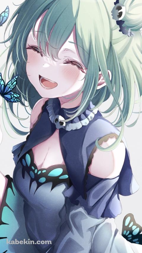 綺麗な青い蝶と笑う潤羽るしあ / ホロライブ / バーチャルYouTuber / VtuberのAndroidの壁紙(480px x 854px) スマホ用