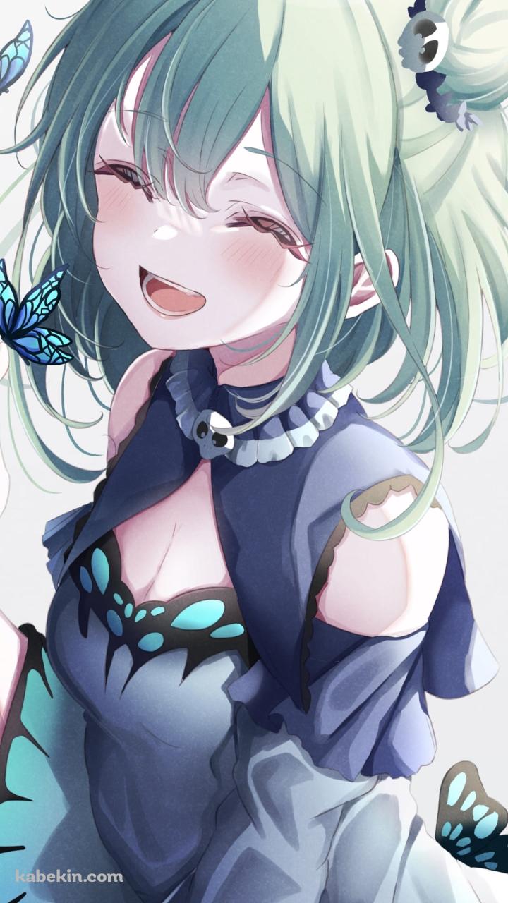 綺麗な青い蝶と笑う潤羽るしあ / ホロライブ / バーチャルYouTuber / VtuberのAndroidの壁紙(720px x 1280px) スマホ用