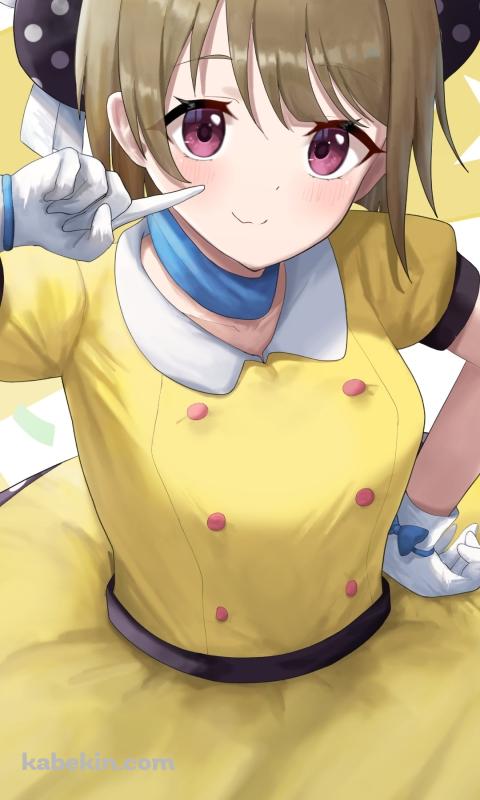 頬っぺたを指をさす可愛い中須かすみ / 黄色い衣装 / 虹ヶ咲学園スクールアイドル同好会のAndroidの壁紙(480px x 800px) スマホ用