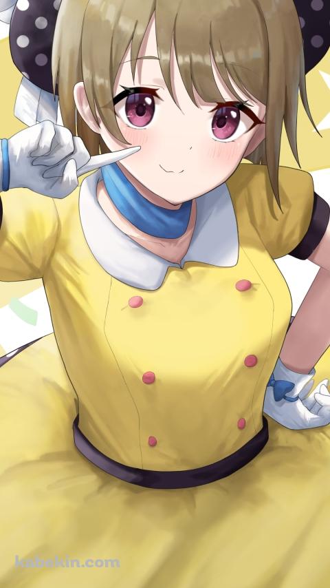 頬っぺたを指をさす可愛い中須かすみ / 黄色い衣装 / 虹ヶ咲学園スクールアイドル同好会のAndroidの壁紙(480px x 854px) スマホ用