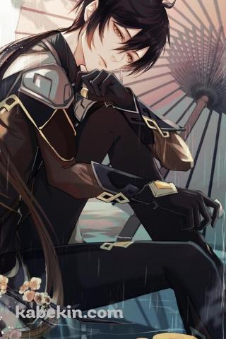 雨の中 日本酒を飲む鍾離 / 原神のAndroidの壁紙(320px x 480px) スマホ用
