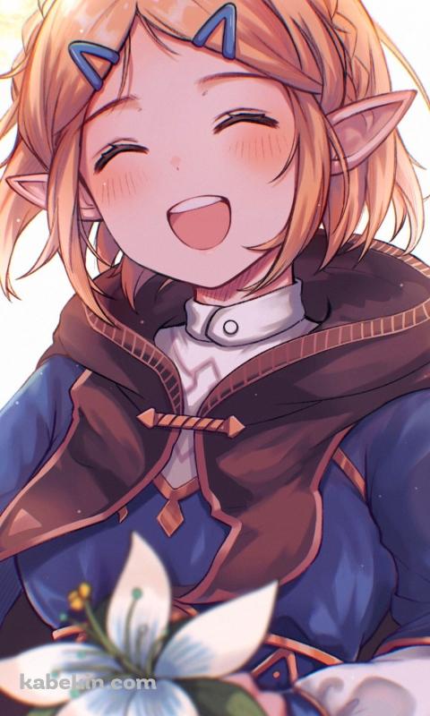 白い百合を持つ笑顔のゼルダ姫 / ゼルダの伝説 ブレスオブザワイルドのAndroidの壁紙(480px x 800px) スマホ用
