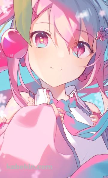 桜の花とプニプニの可愛い桜ミク / さくらんぼの髪飾り / ボカロ / ボーカロイドのAndroidの壁紙(360px x 592px) スマホ用