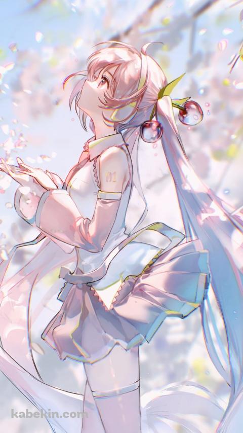 舞い散る桜の花びらに手をかざす桜ミク / ボカロ / ボーカロイドのAndroidの壁紙(480px x 854px) スマホ用