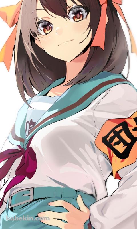 腰に手をあててドヤ顔の涼宮ハルヒ / 団長 / 涼宮ハルヒの憂鬱のAndroidの壁紙(480px x 800px) スマホ用