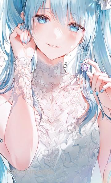 水泡をつかむ綺麗な初音ミク / 白いドレス / ホロライブ / バーチャルYouTuber / VtuberのAndroidの壁紙(360px x 592px) スマホ用