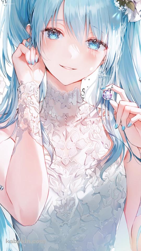 水泡をつかむ綺麗な初音ミク / 白いドレス / ホロライブ / バーチャルYouTuber / VtuberのAndroidの壁紙(540px x 960px) スマホ用