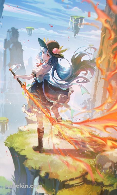 岸壁で炎の剣をかまえる比那名居天子（ひななゐ てんし） / 東方のAndroidの壁紙(480px x 800px) スマホ用