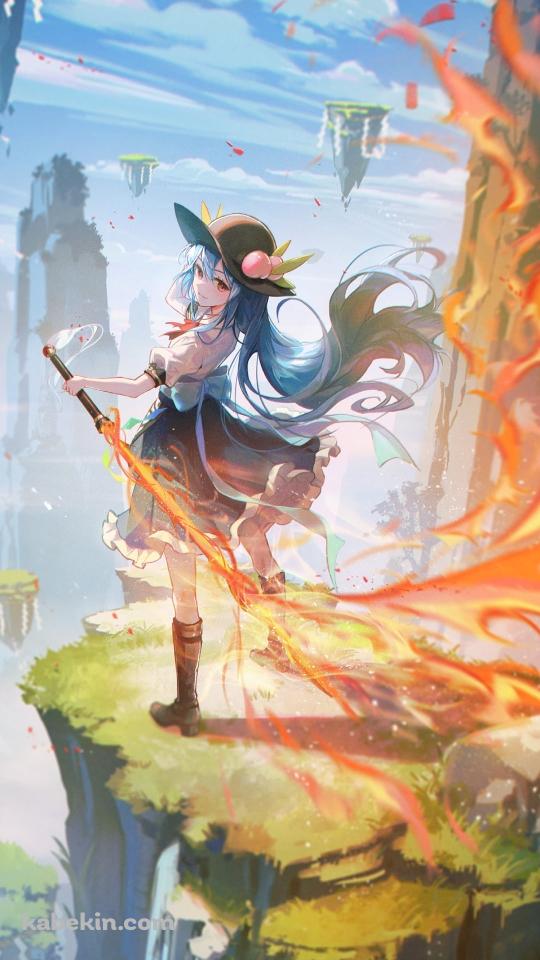 岸壁で炎の剣をかまえる比那名居天子（ひななゐ てんし） / 東方のAndroidの壁紙(540px x 960px) スマホ用