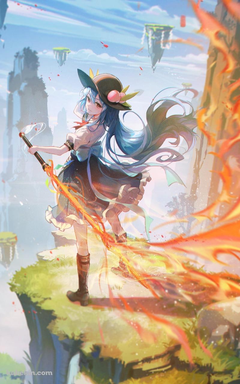 岸壁で炎の剣をかまえる比那名居天子（ひななゐ てんし） / 東方のAndroidの壁紙(800px x 1280px) スマホ用