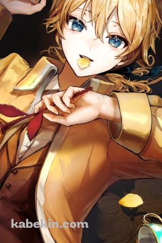 黄色い薔薇を持つ黄色いスーツを着た鏡音レン / エヴィリオス / ボカロ / ボーカロイドのAndroidの壁紙(320px x 480px) スマホ用