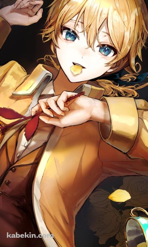 黄色い薔薇を持つ黄色いスーツを着た鏡音レン / エヴィリオス / ボカロ / ボーカロイドのAndroidの壁紙(480px x 800px) スマホ用