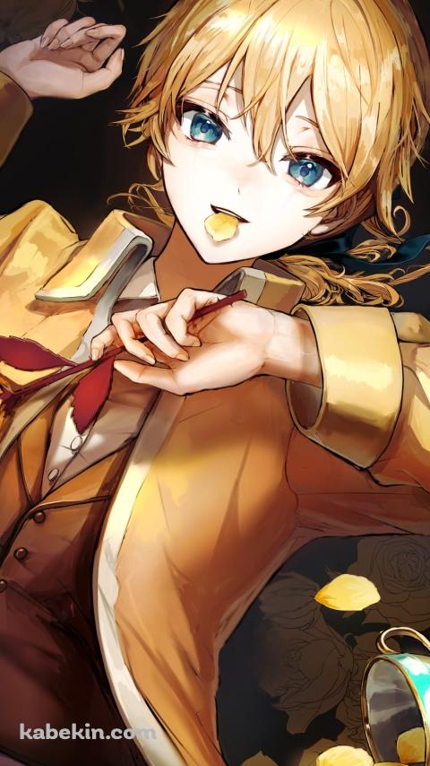 黄色い薔薇を持つ黄色いスーツを着た鏡音レン / エヴィリオス / ボカロ / ボーカロイドのAndroidの壁紙(480px x 854px) スマホ用