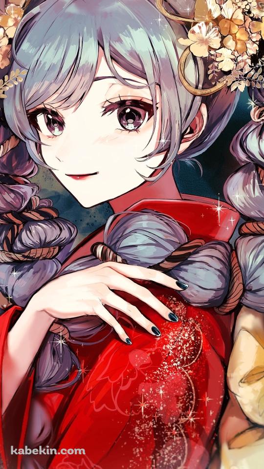 赤い着物を着た綺麗な初音ミク / 金色の花の髪飾り / ボカロ / ボーカロイドのAndroidの壁紙(540px x 960px) スマホ用