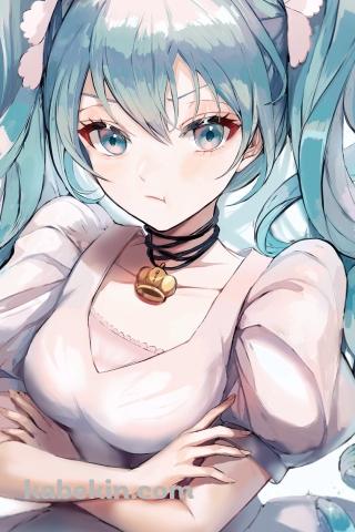 腕を組みムスッとしている可愛い初音ミク / ワールドイズマイン / ボカロ / ボーカロイドのAndroidの壁紙(320px x 480px) スマホ用