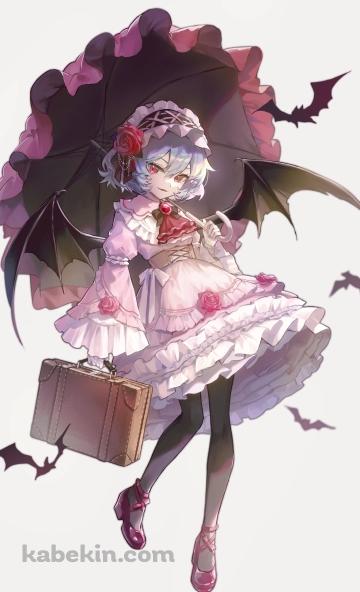 赤い傘をさすレミリア・スカーレット / コウモリ / 茶色い鞄 / 東方のAndroidの壁紙(360px x 592px) スマホ用