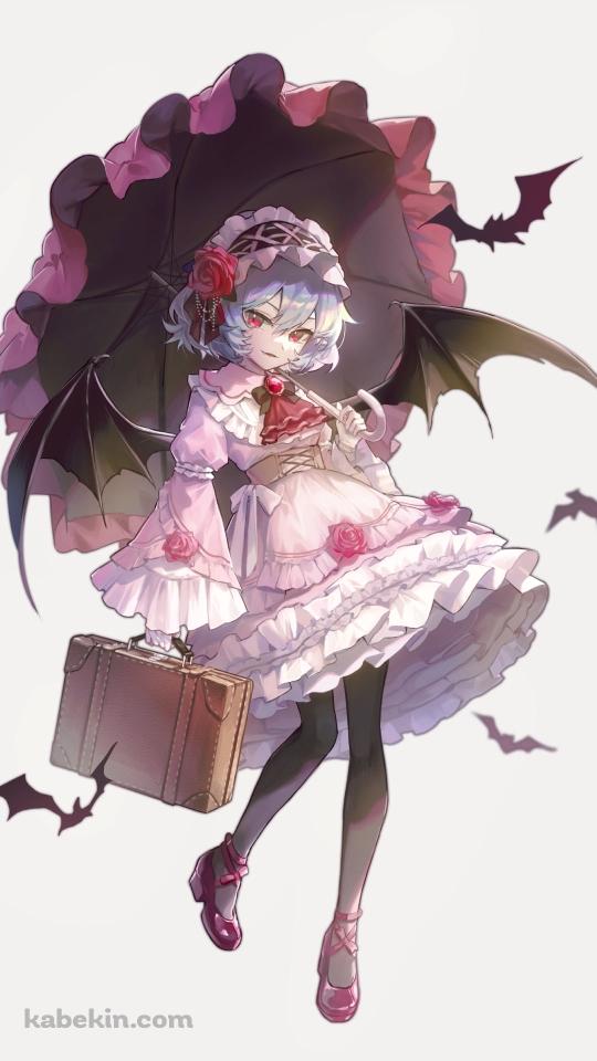 赤い傘をさすレミリア・スカーレット / コウモリ / 茶色い鞄 / 東方のAndroidの壁紙(540px x 960px) スマホ用