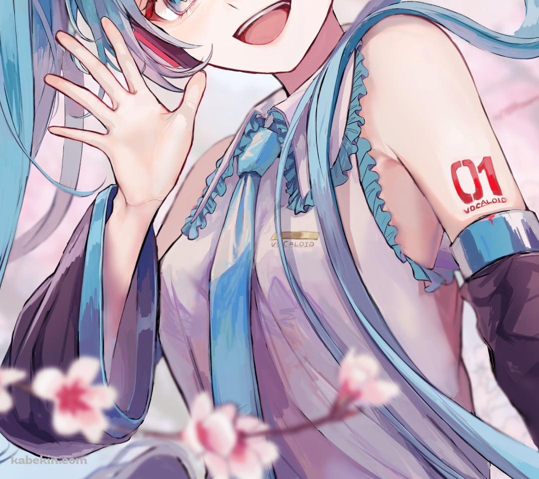 桜と手を振る可愛い初音ミク / ボカロ / ボーカロイドのAndroidの壁紙(1080px x 960px) スマホ用