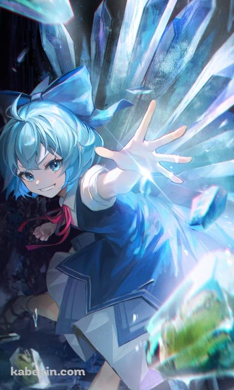 笑いながら左手をかざすチルノ / 東方のAndroidの壁紙(480px x 800px) スマホ用