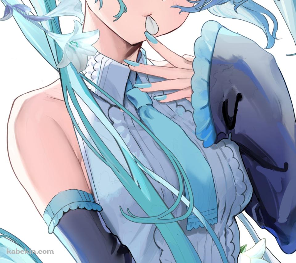 白い百合の髪飾りをつけた綺麗な初音ミク / ボカロ / ボーカロイドのAndroidの壁紙(960px x 854px) スマホ用