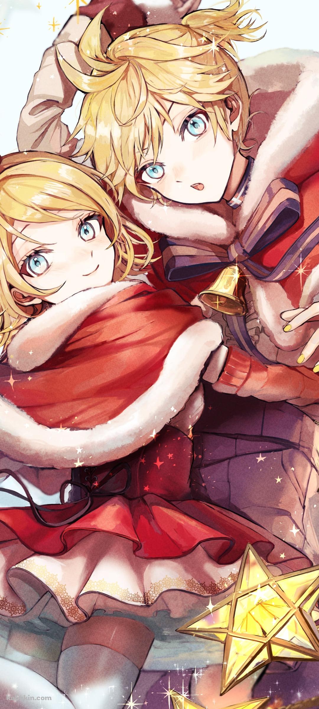 クリスマスコスの可愛い鏡音リンと鏡音レン / ボカロ / ボーカロイドのAndroidの壁紙(1080px x 2400px) スマホ用