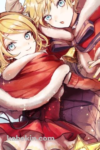 クリスマスコスの可愛い鏡音リンと鏡音レン / ボカロ / ボーカロイドのAndroidの壁紙(320px x 480px) スマホ用