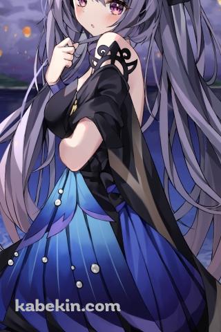 海辺で髪を触りながらこちらに振り向く刻晴 / 原神のAndroidの壁紙(320px x 480px) スマホ用