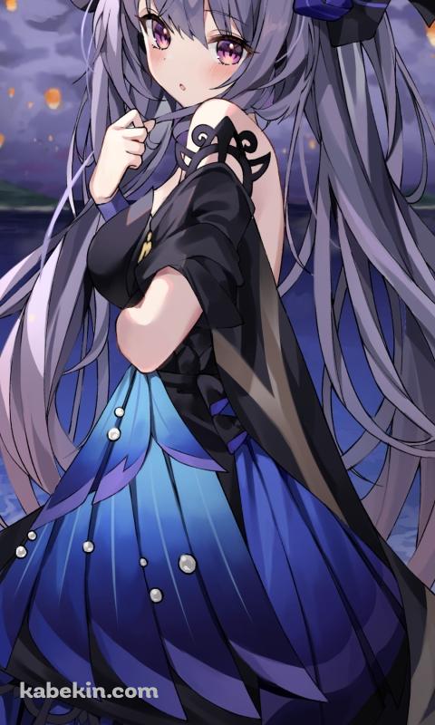 海辺で髪を触りながらこちらに振り向く刻晴 / 原神のAndroidの壁紙(480px x 800px) スマホ用