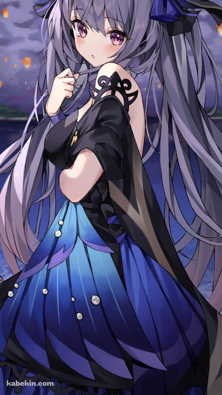 海辺で髪を触りながらこちらに振り向く刻晴 / 原神のAndroidの壁紙(720px x 1280px) スマホ用