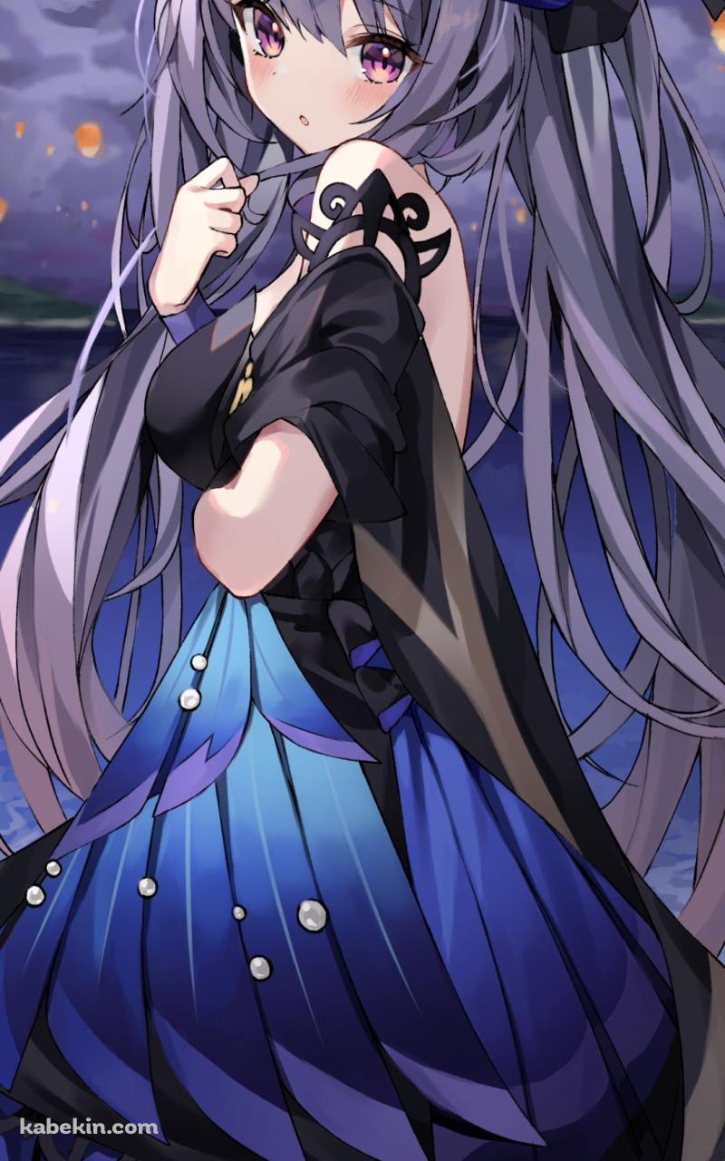 海辺で髪を触りながらこちらに振り向く刻晴 / 原神のAndroidの壁紙(800px x 1280px) スマホ用