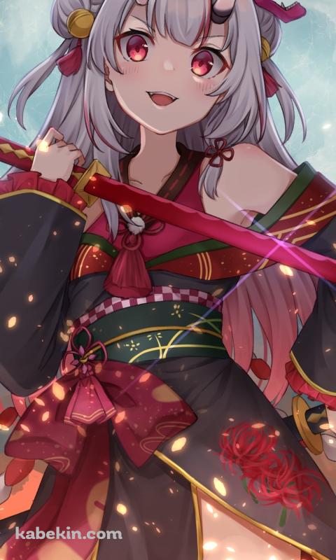 満月と赤い刀を持つかっこいい百鬼あやめ / ホロライブ / バーチャルYouTuber / VtuberのAndroidの壁紙(480px x 800px) スマホ用