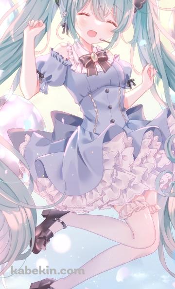 ジャンプして歌を唄う可愛い初音ミク / パステル調 / ボカロ / ボーカロイドのAndroidの壁紙(360px x 592px) スマホ用