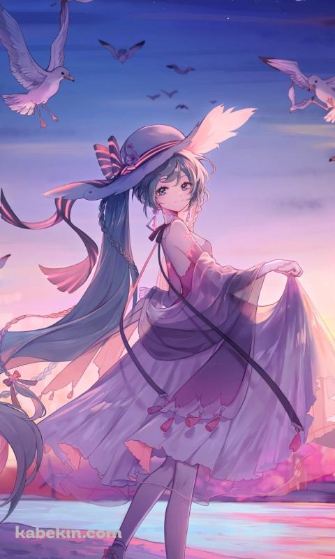 砂浜に立ち振り向く初音ミク / カモメの群れ / 綺麗 / ボカロ / ボーカロイドのAndroidの壁紙(480px x 800px) スマホ用