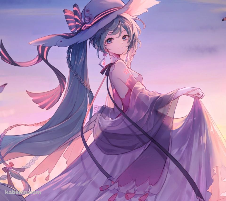 砂浜に立ち振り向く初音ミク / カモメの群れ / 綺麗 / ボカロ / ボーカロイドのAndroidの壁紙(960px x 854px) スマホ用